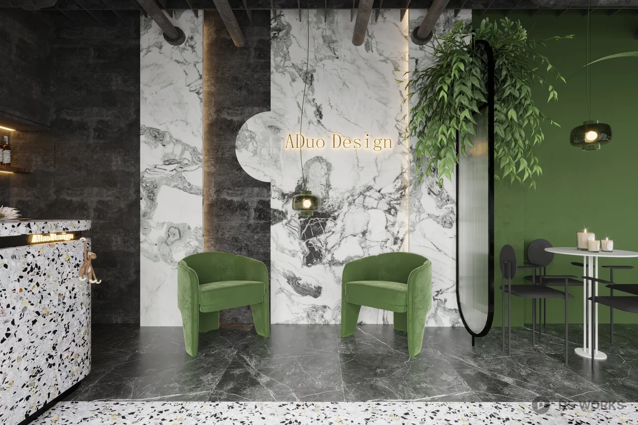 Minimalist Coffee Shop With Green Velvet Chair And Marble Floor 3d model thumbnail 3