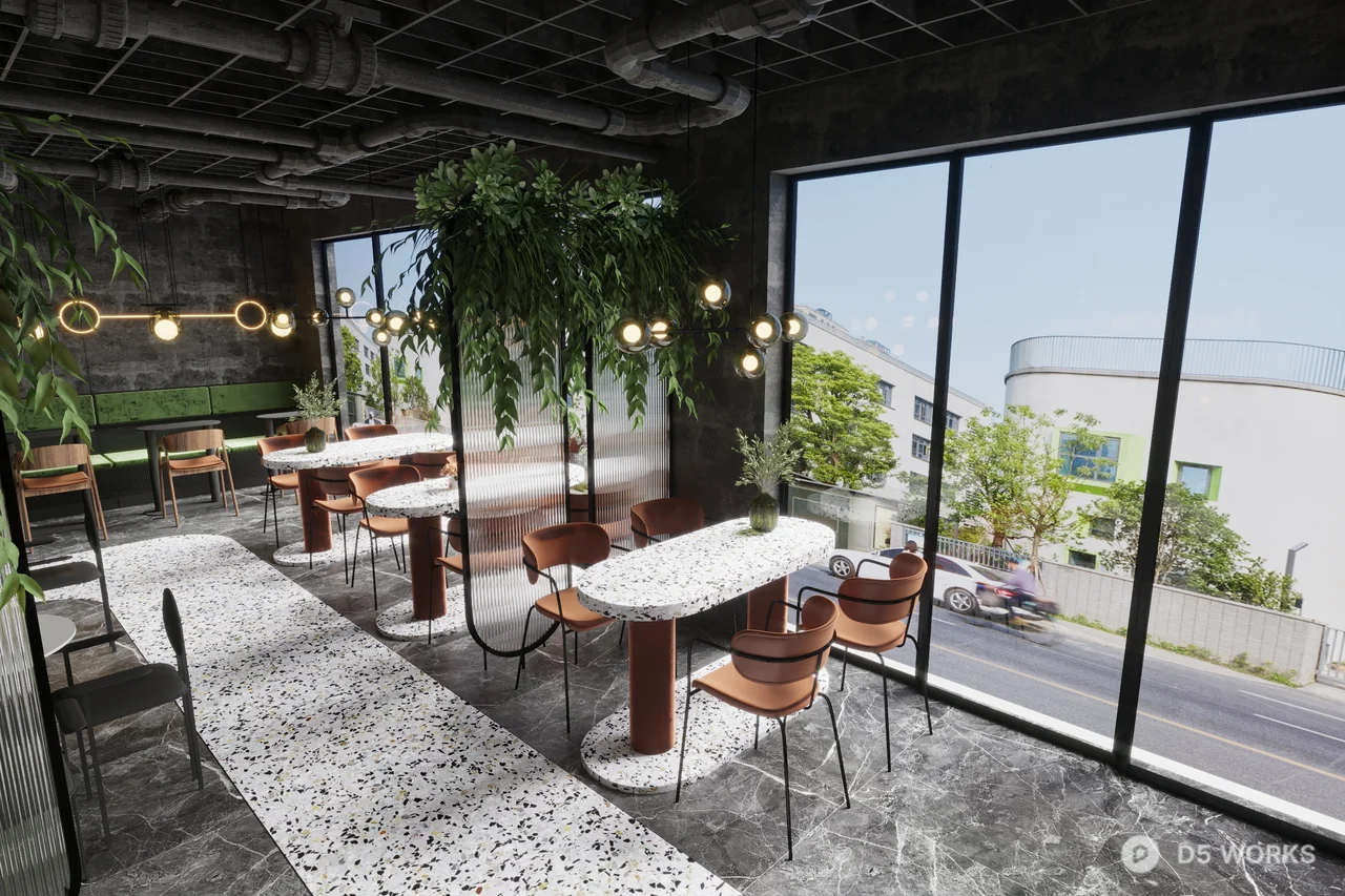 Minimalist Coffee Shop With Green Velvet Chair And Marble Floor 3d model thumbnail 4