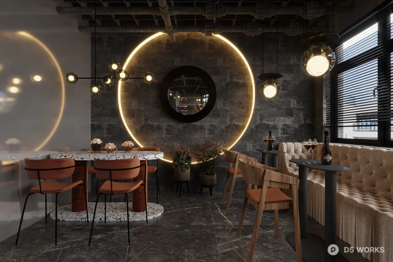 Minimalist Coffee Shop With Green Velvet Chair And Marble Floor 3d model thumbnail 7