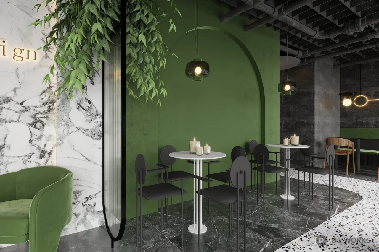 Minimalist Coffee Shop With Green Velvet Chair And Marble Floor 3d model thumbnail 5