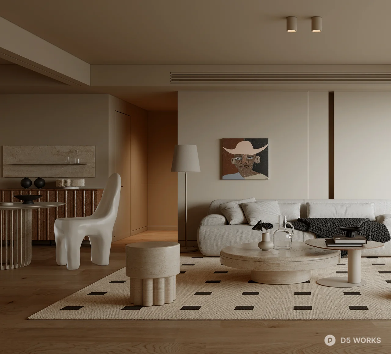Minimalist Living Room with Geometric Rug 3d model thumbnail 2