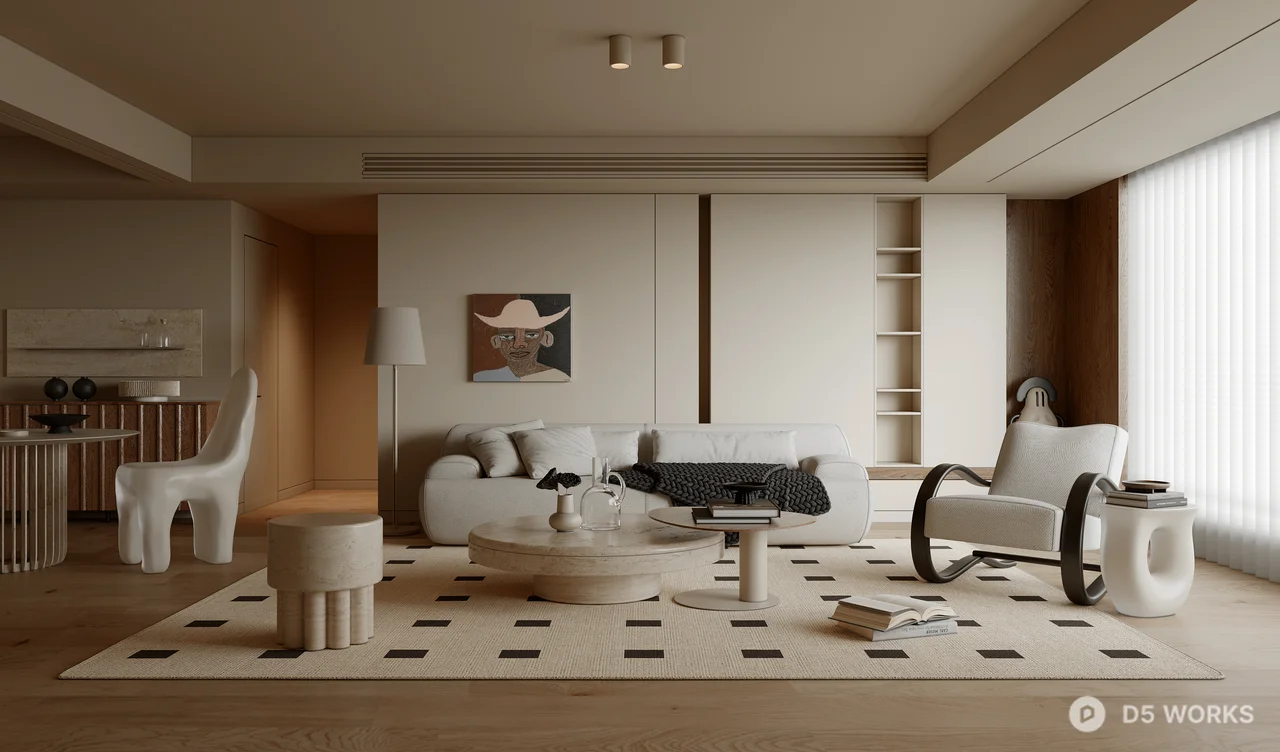 Minimalist Living Room with Geometric Rug 3d model - Image 1