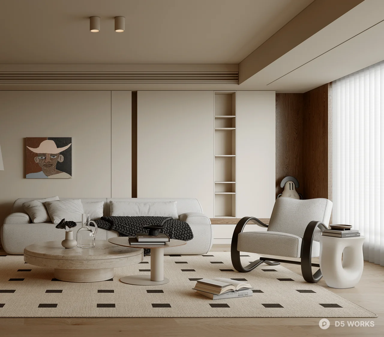 Minimalist Living Room with Geometric Rug 3d model thumbnail 3
