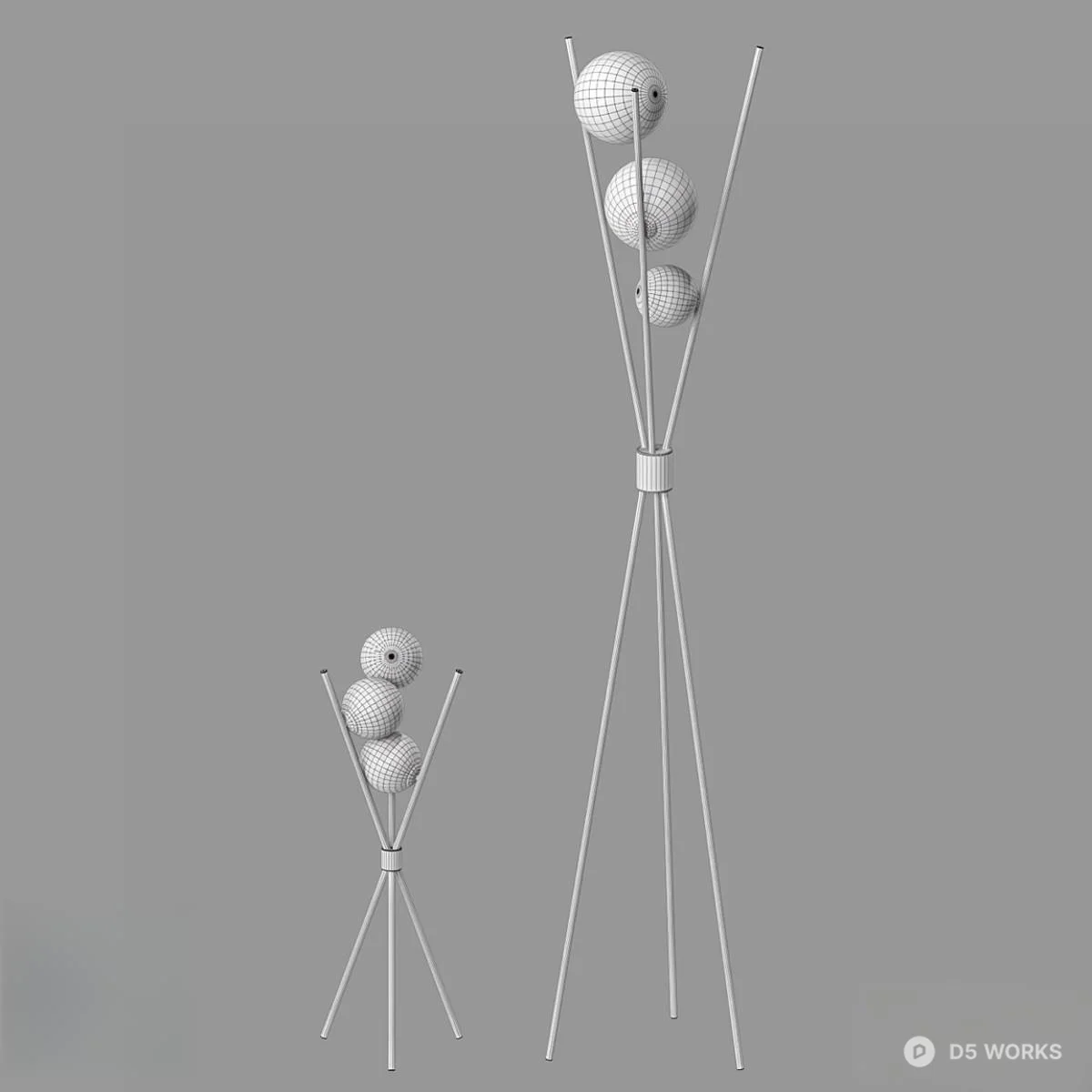 Minimalist Tripod Floor Lamp With Spherical Shades 3d model thumbnail 2
