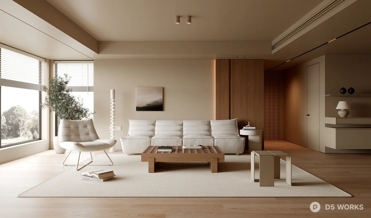 Minimalist Living Room with Wooden Accents 3d model - Image 1