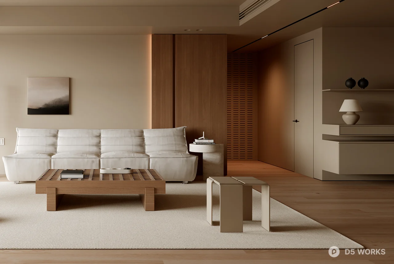 Minimalist Living Room with Wooden Accents 3d model thumbnail 3
