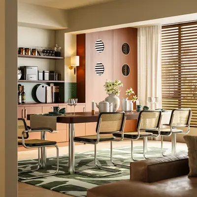 Modern Dining Room With Woven Chairs And Wooden Table 3d model
