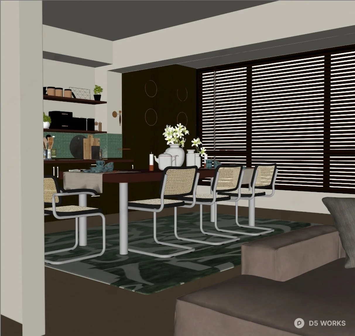 Modern Dining Room With Woven Chairs And Wooden Table 3d model thumbnail 2