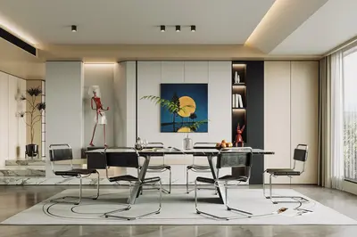 Minimalist Modern Dining Room With Integrated Storage And Art Accent 3d model
