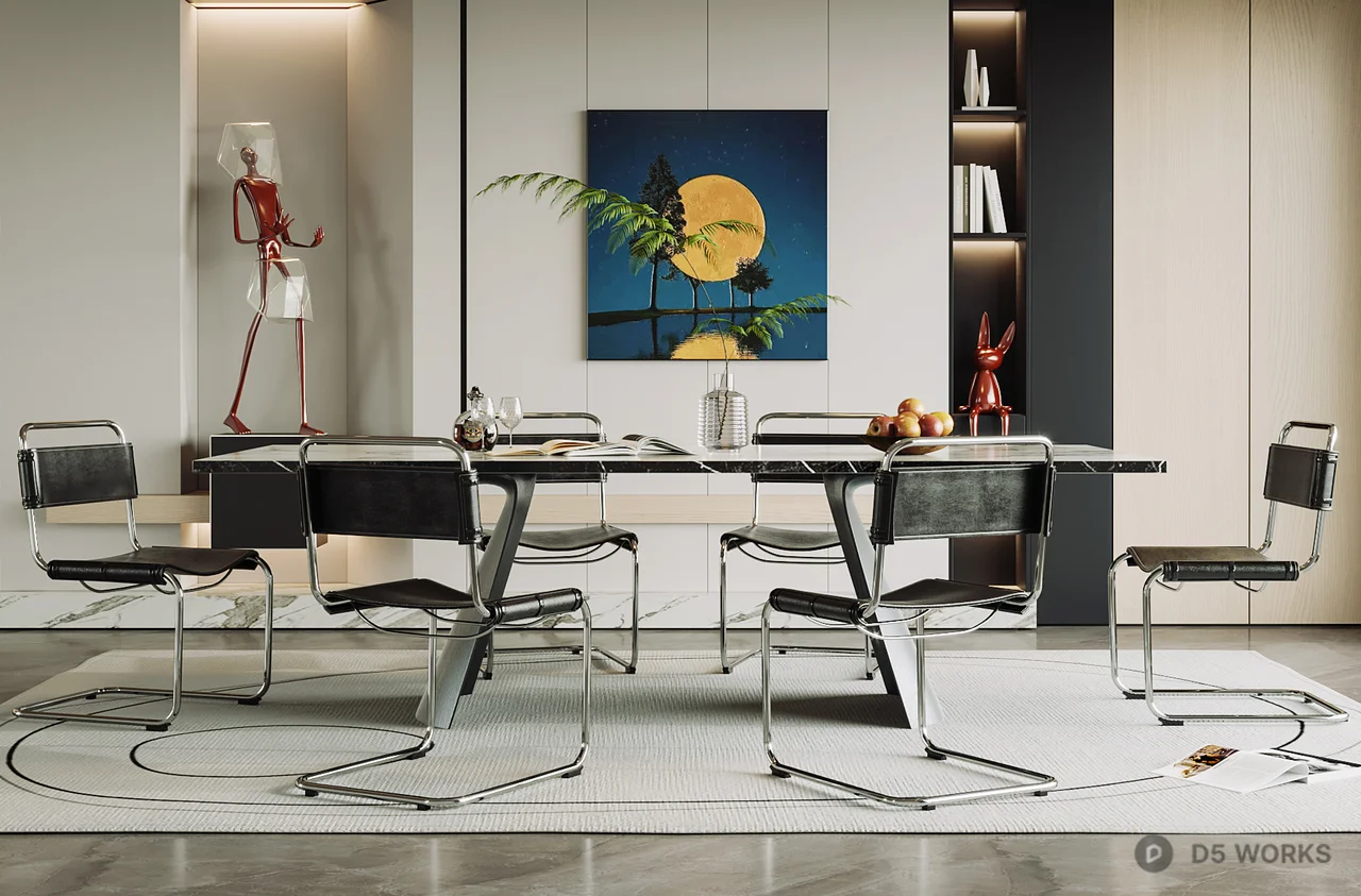 Minimalist Modern Dining Room With Integrated Storage And Art Accent 3d model thumbnail 3