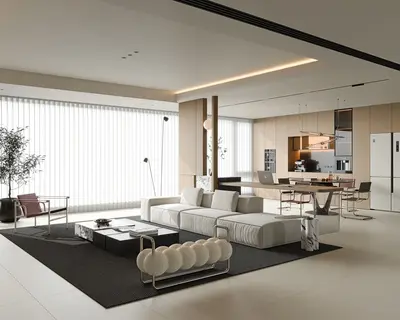 Modern Minimalist Living Room with Integrated Dining Area 3d model