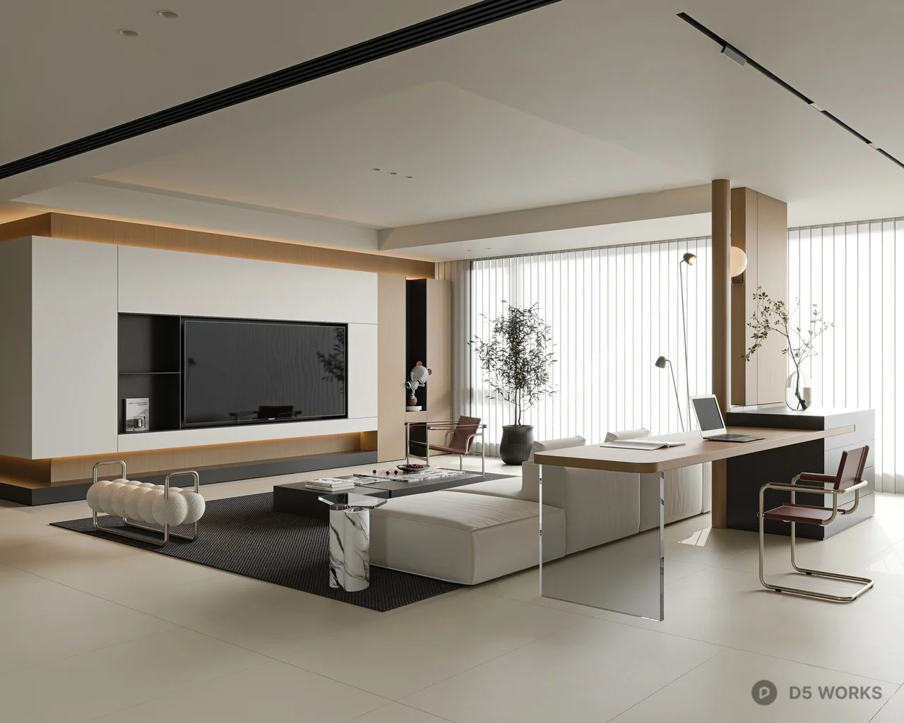 Modern Minimalist Living Room with Integrated Dining Area 3d model thumbnail 3