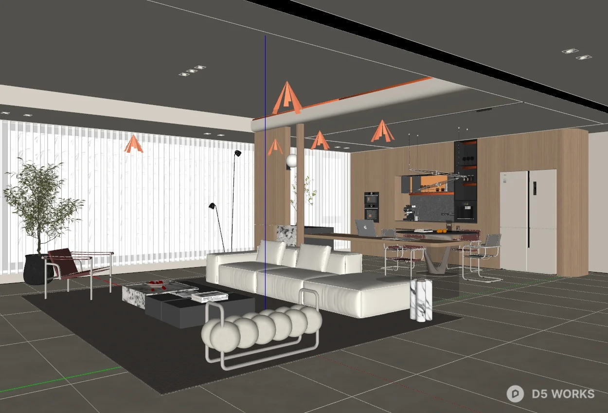 Modern Minimalist Living Room with Integrated Dining Area 3d model thumbnail 2
