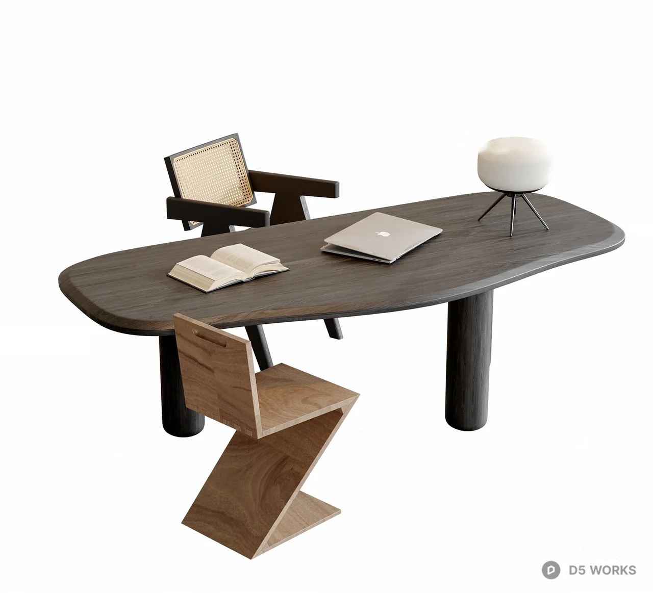 Organic Shape Wood Desk With Z-shaped Chair 3d model - Image 1