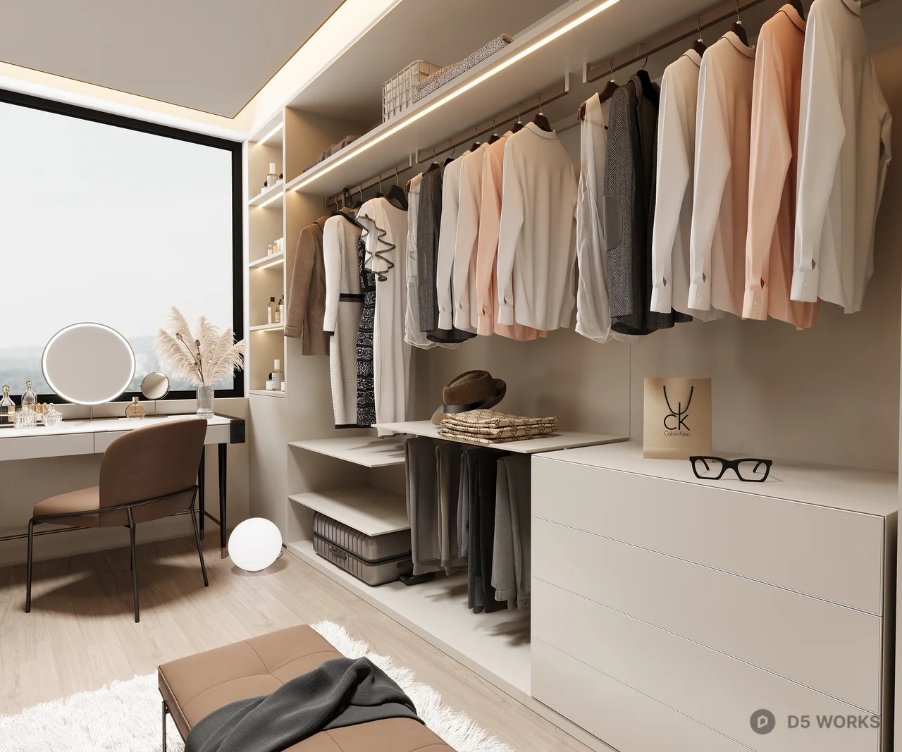 Minimalist Walk-In Closet With Dressing Area 3d model thumbnail 2