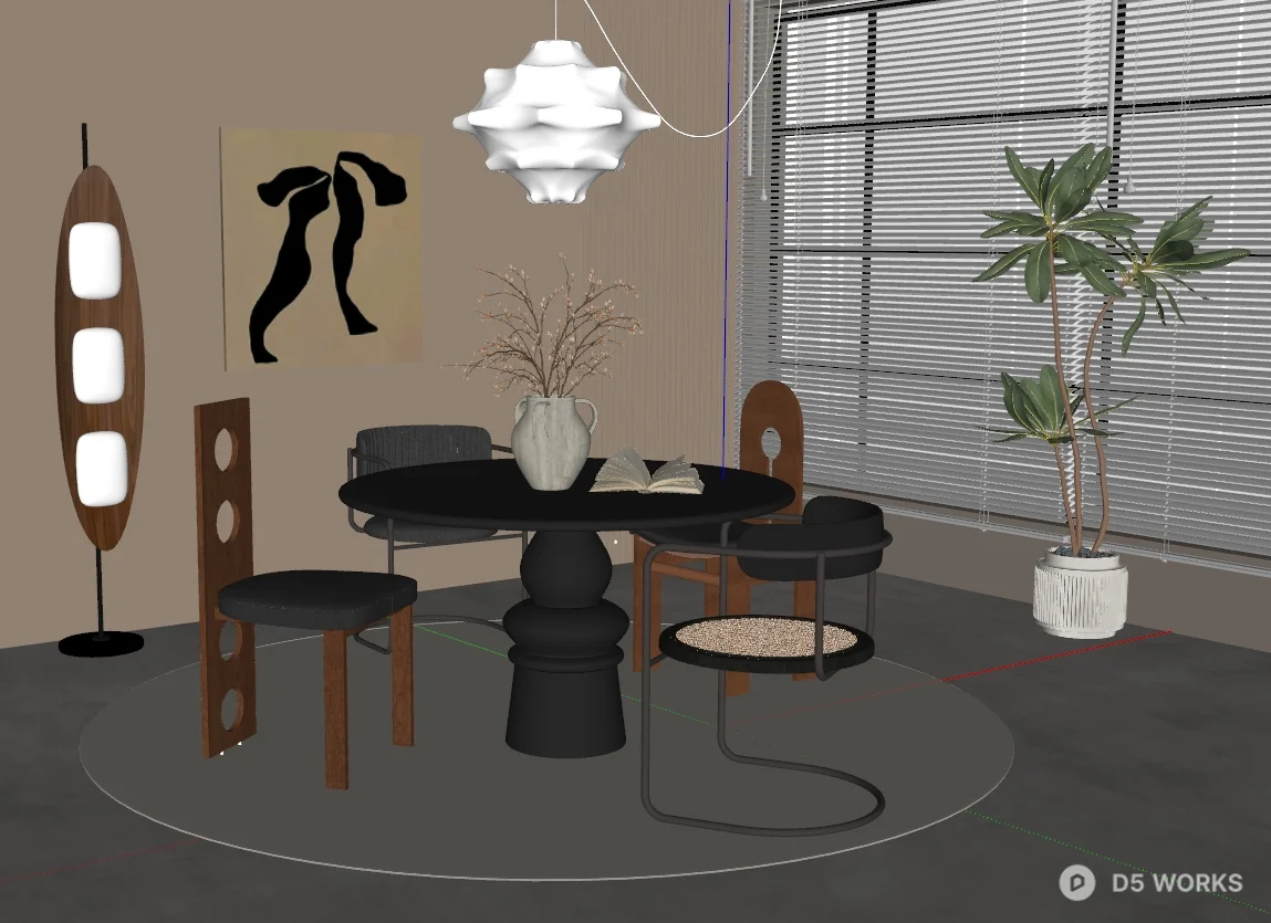 Mid Century Modern Dining Room with Sculptural Table and Chairs 3d model thumbnail 2