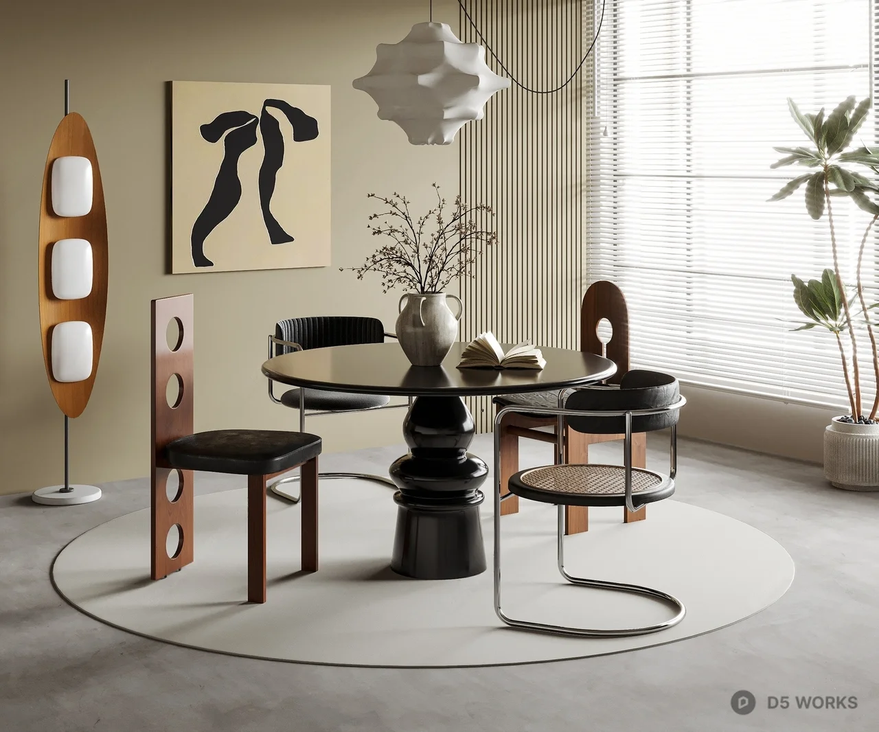 Mid Century Modern Dining Room with Sculptural Table and Chairs 3d model - Image 1