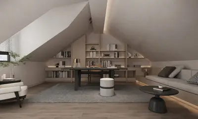 Minimalist Attic Study Room with Built In Shelving 3d model