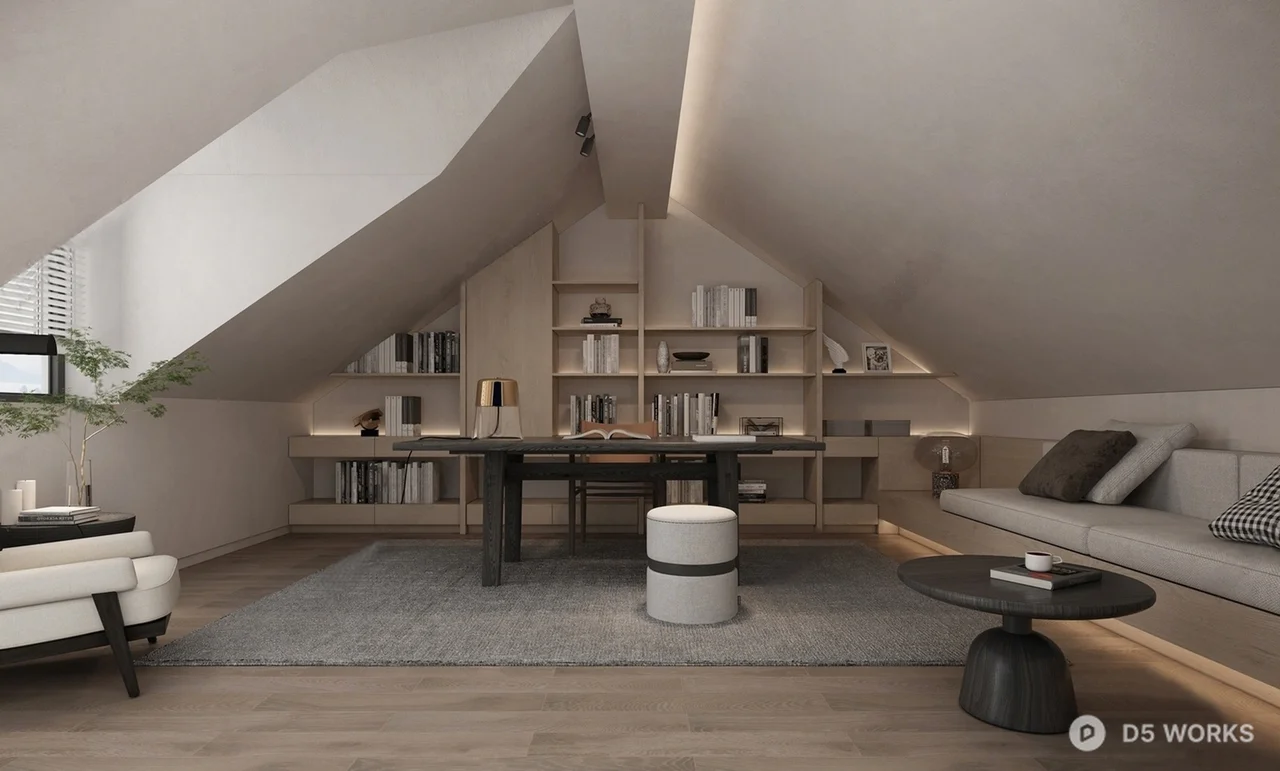 Minimalist Attic Study Room with Built In Shelving 3d model - Image 1