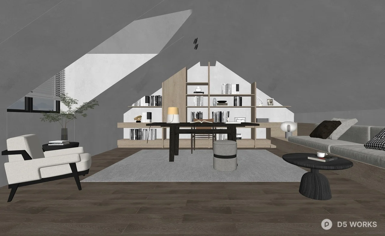 Minimalist Attic Study Room with Built In Shelving 3d model thumbnail 2