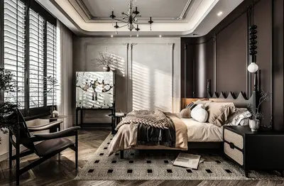 Modern Luxury Bedroom with Geometric Rug and Chandelier 3d model
