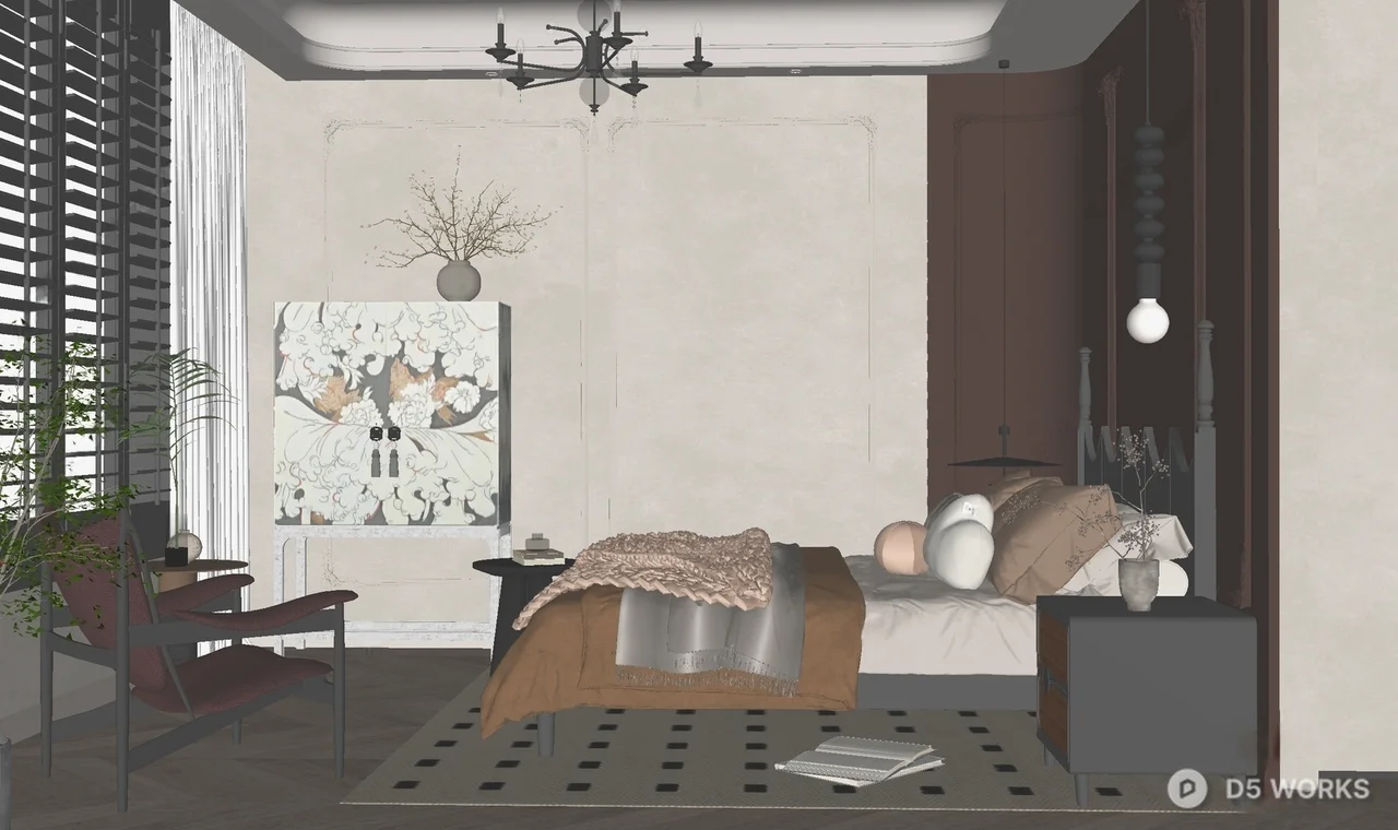 Modern Luxury Bedroom with Geometric Rug and Chandelier 3d model thumbnail 2