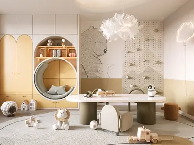 Scandinavian Style Children's Room With Circular Reading Nook And Play Area 3d model