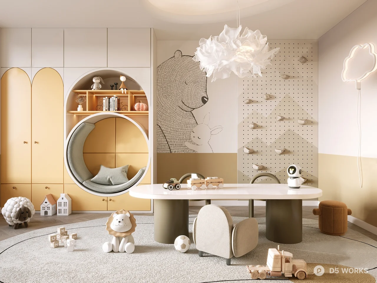Scandinavian Style Children's Room With Circular Reading Nook And Play Area 3d model - Image 1