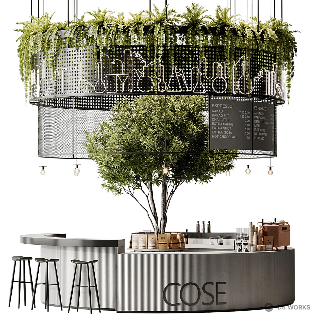 Modern Coffee Bar With Suspended Greenery 3d model - Image 1