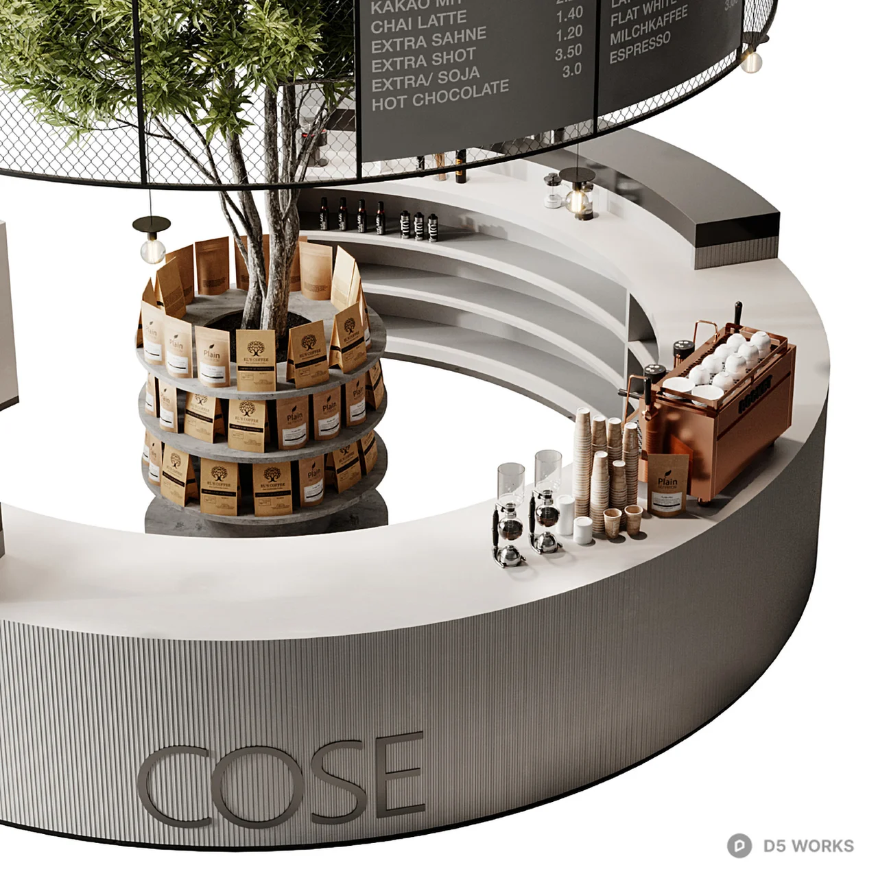 Modern Coffee Bar With Suspended Greenery 3d model thumbnail 2