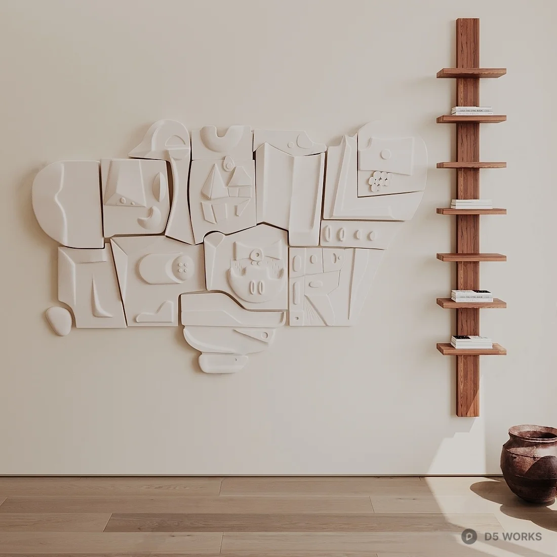 Abstract Relief Wall Art With Wooden Shelf 3d model - Image 1