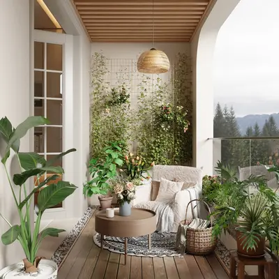 Minimalist Living Balcony With Greenery And Woven Pendant 3d model