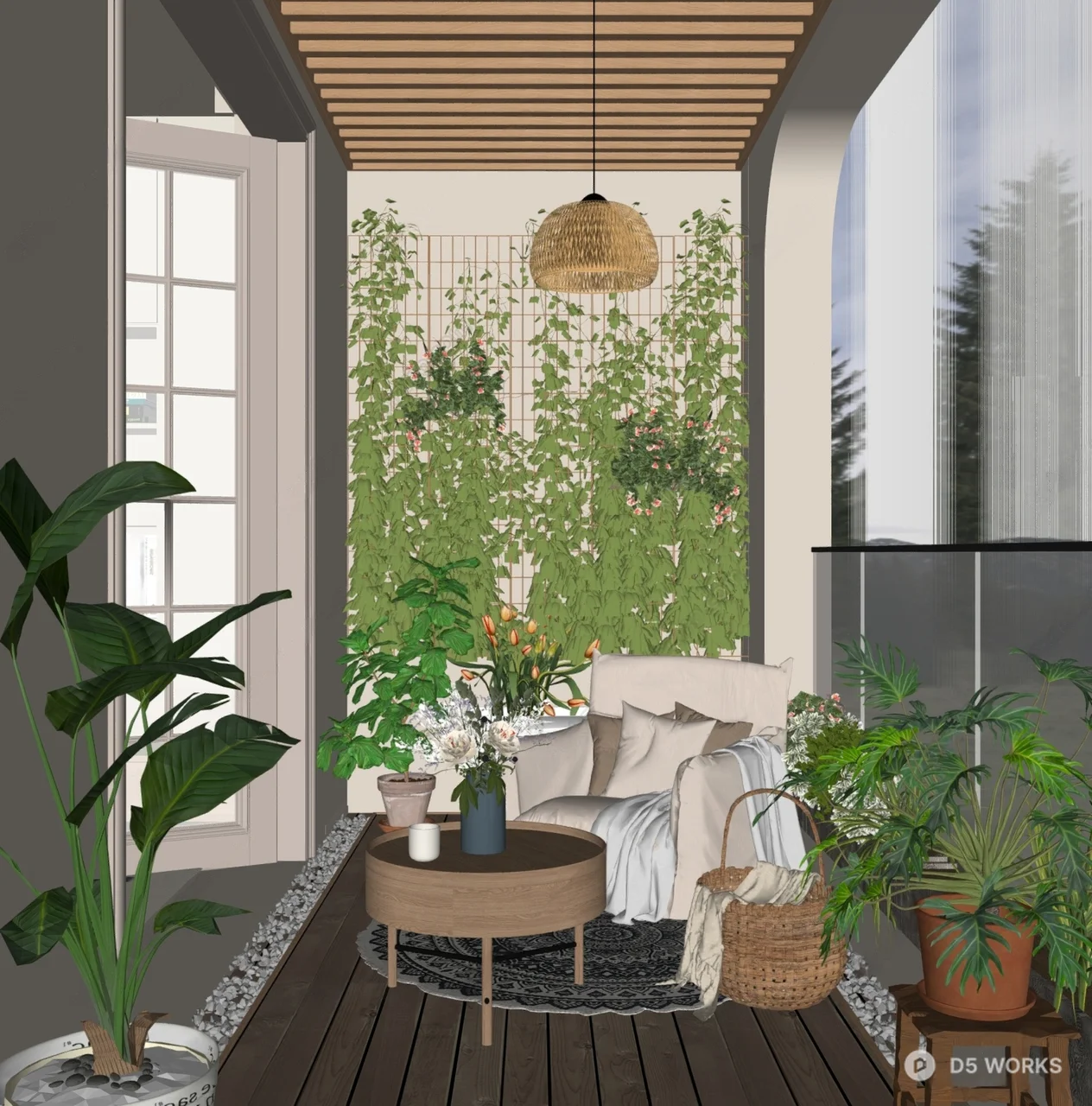 Minimalist Living Balcony With Greenery And Woven Pendant 3d model thumbnail 2