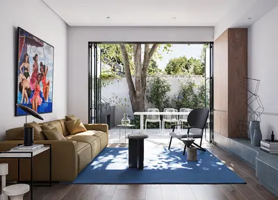 Modern Living Room With Blue Rug And Garden View 3d model
