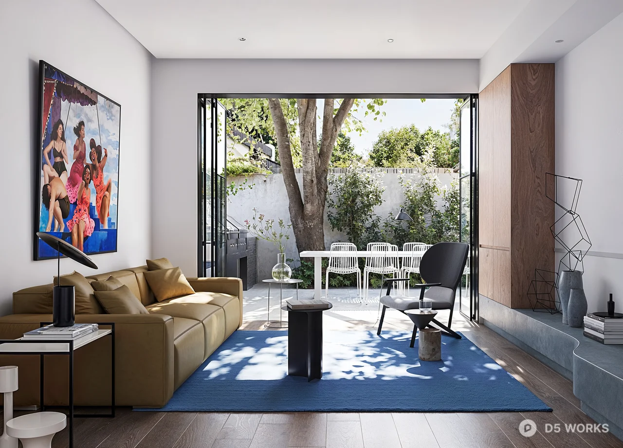 Modern Living Room With Blue Rug And Garden View 3d model - Image 1