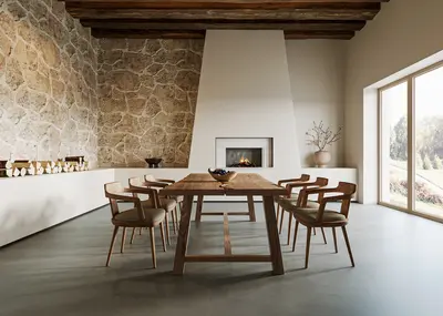 Rustic Stone Wall Dining Room with Fireplace 3d model