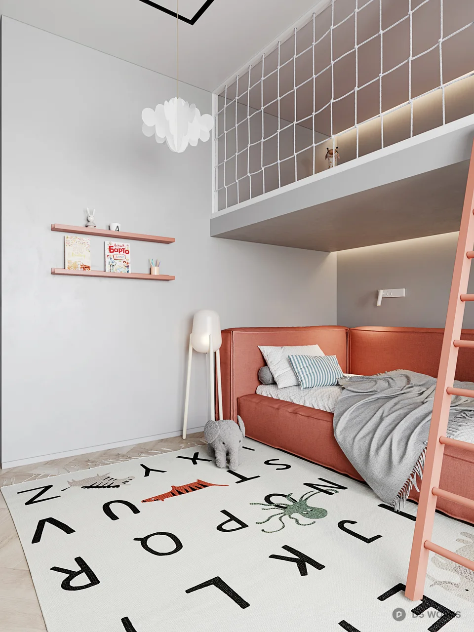 Minimalist Children's Room With Loft Bed And Alphabet Rug 3d model thumbnail 5