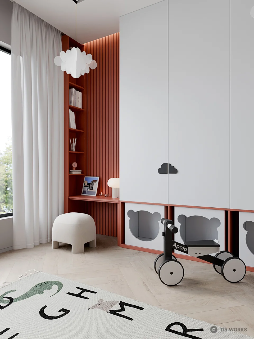 Minimalist Children's Room With Loft Bed And Alphabet Rug 3d model thumbnail 3