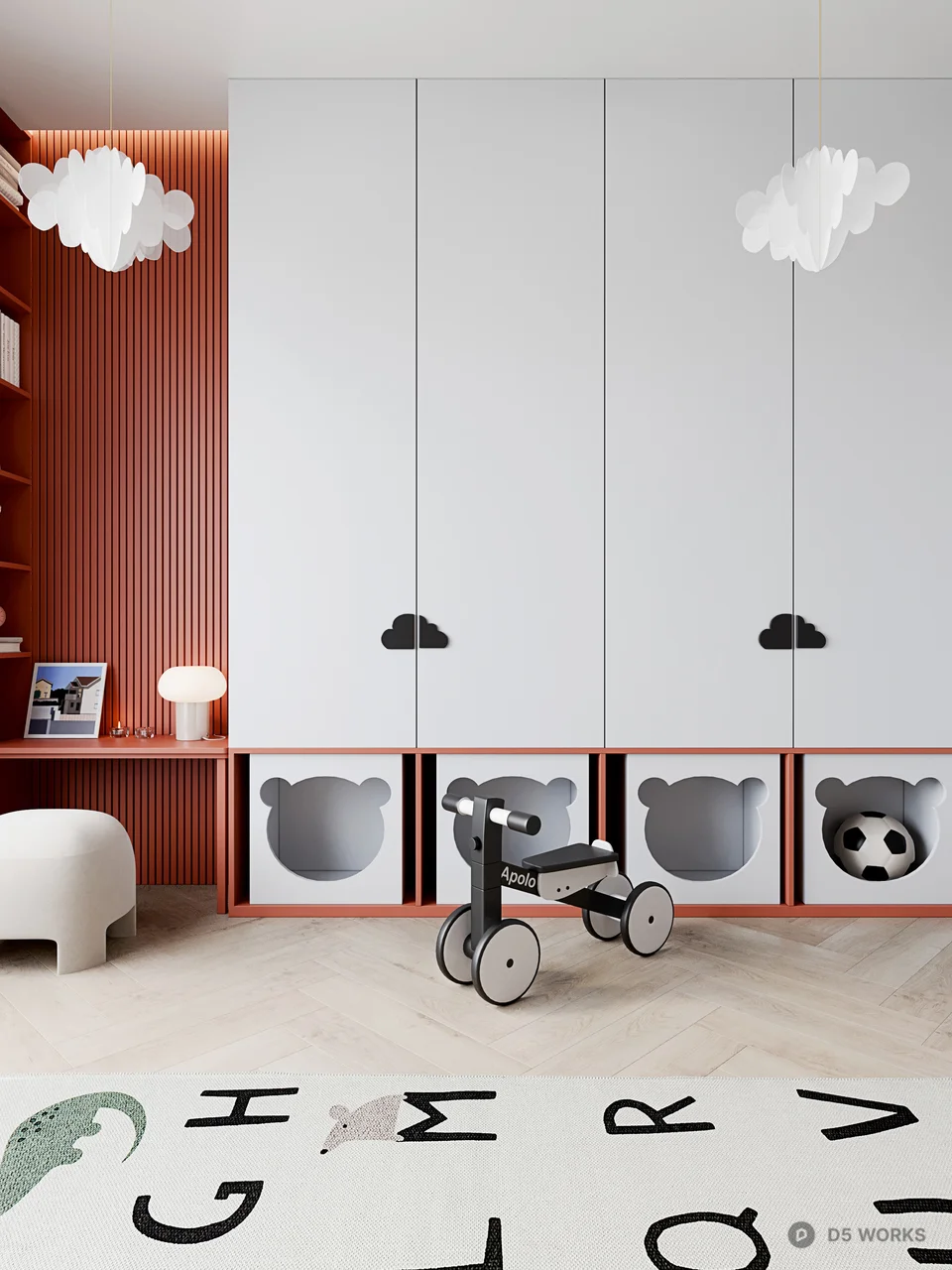 Minimalist Children's Room With Loft Bed And Alphabet Rug 3d model thumbnail 2