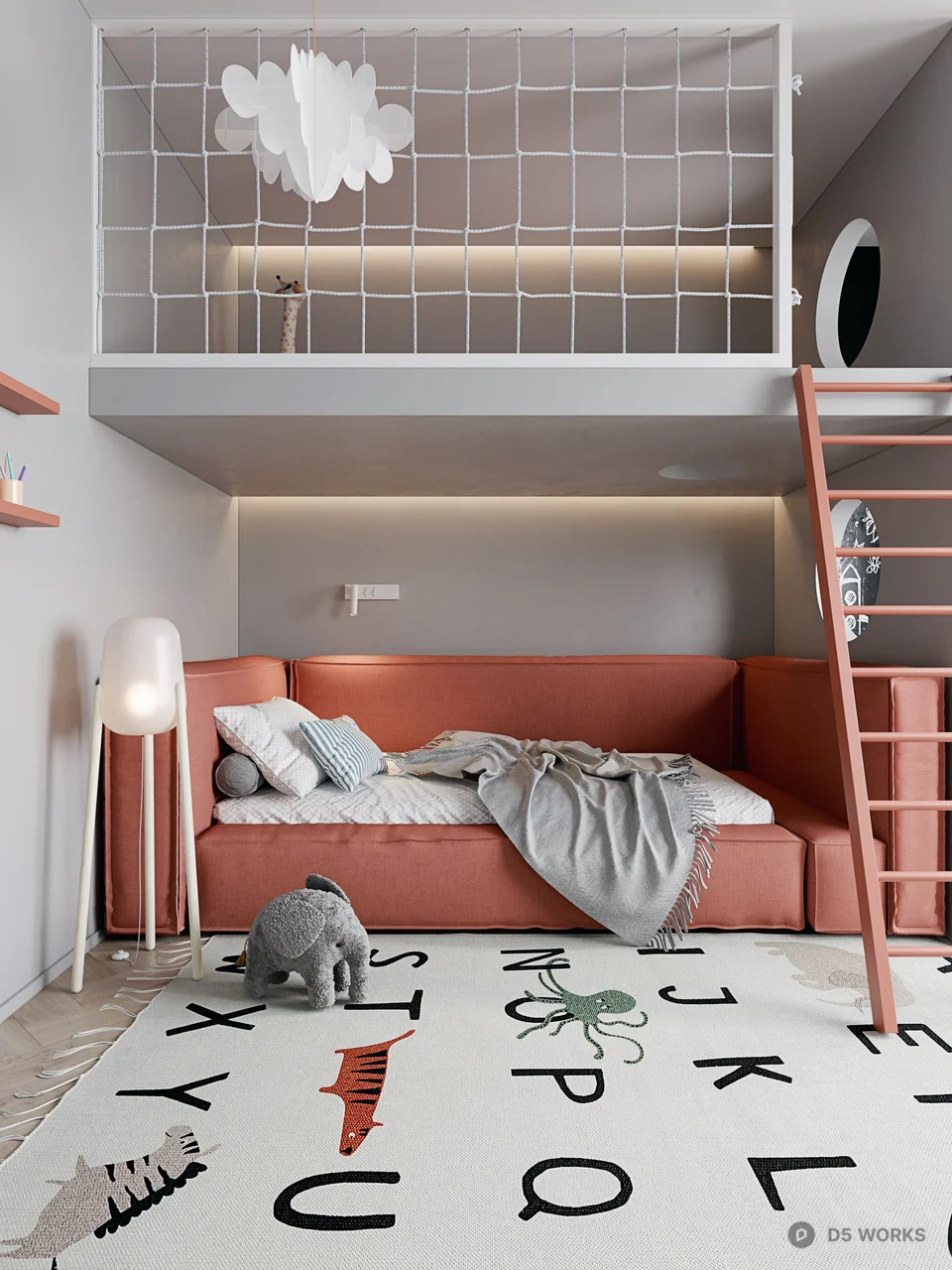 Minimalist Children's Room With Loft Bed And Alphabet Rug 3d model - Image 1
