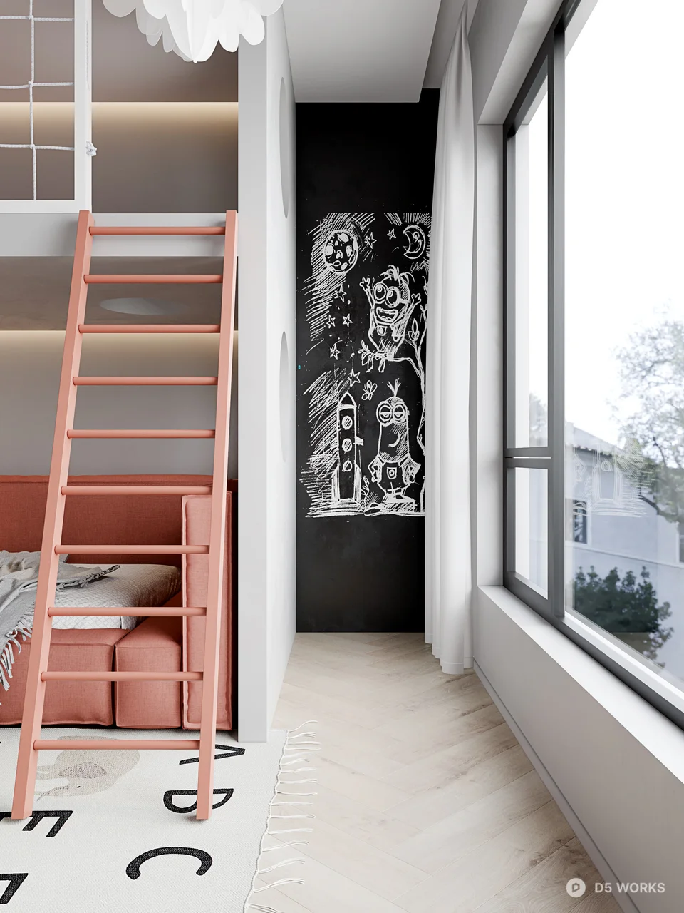 Minimalist Children's Room With Loft Bed And Alphabet Rug 3d model thumbnail 4