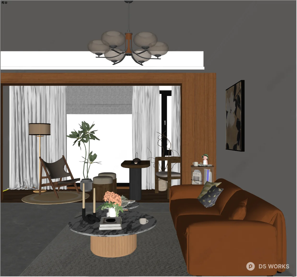 Mid Century Modern Living Room with Leather Sofa 3d model thumbnail 2