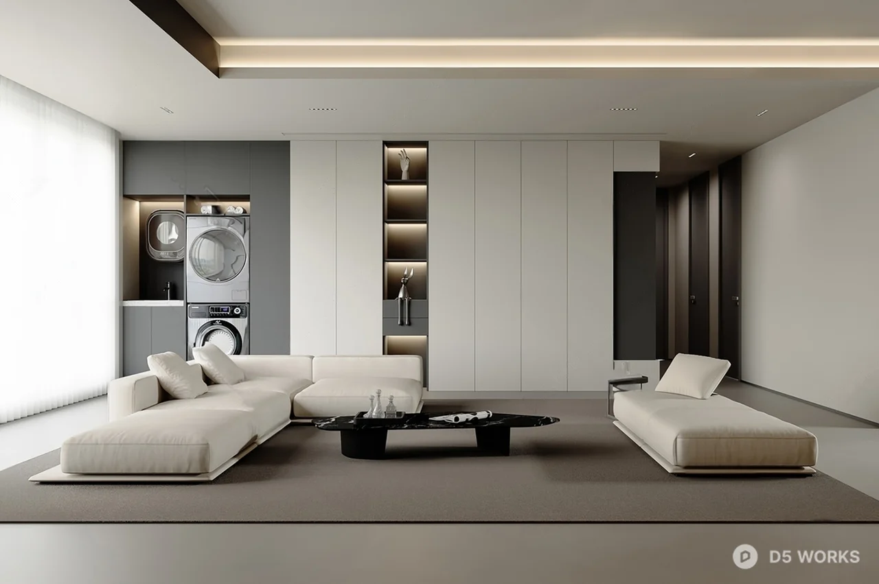 Minimalist Living Dining Space with Ambient Lighting 3d model thumbnail 3