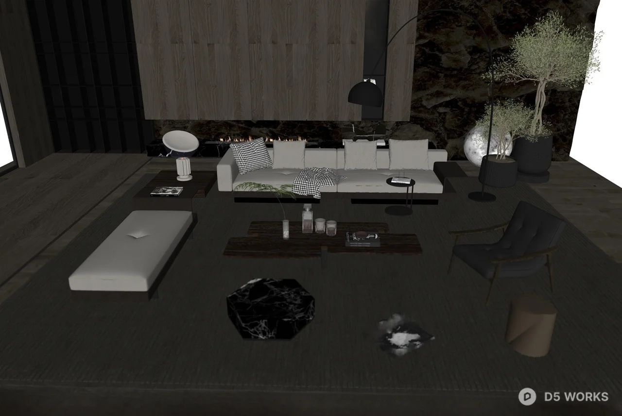 Modern Minimalist Living Room with Textured Rug and Stone Accent 3d model thumbnail 2