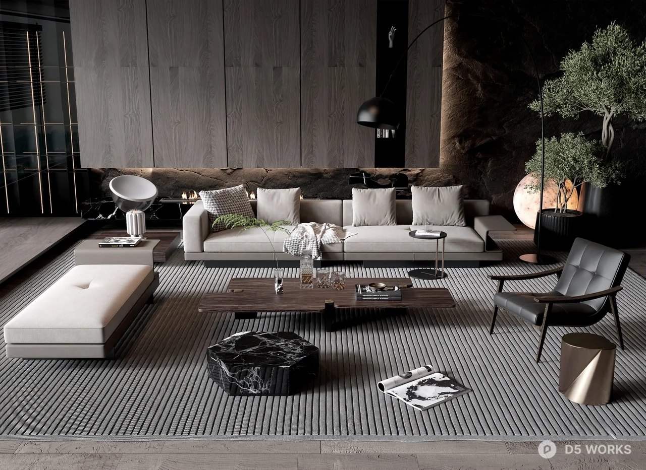 Modern Minimalist Living Room with Textured Rug and Stone Accent 3d model - Image 1