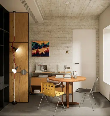 Minimalist Concrete Wall Dining Space With Wooden Table And Yellow Chair 3d model