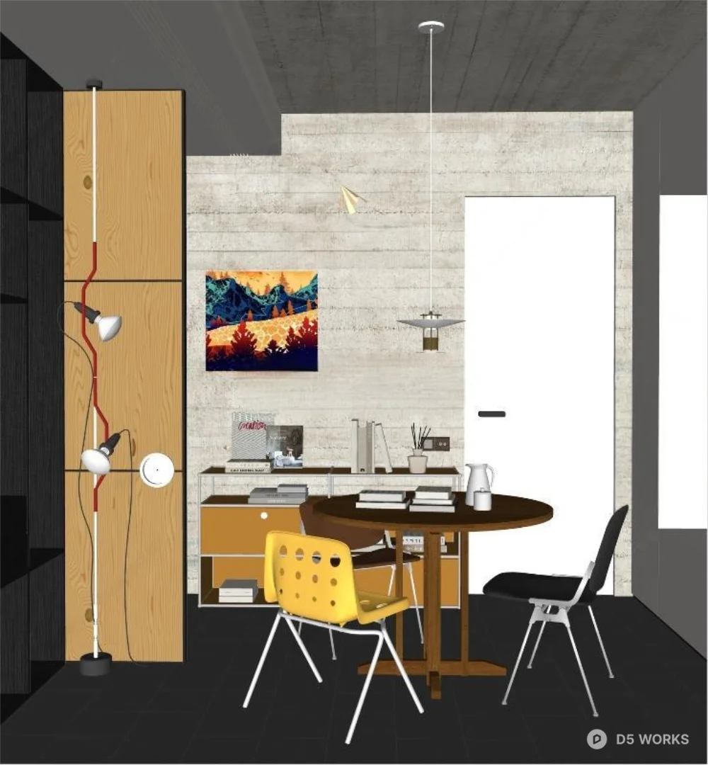 Minimalist Concrete Wall Dining Space With Wooden Table And Yellow Chair 3d model thumbnail 2