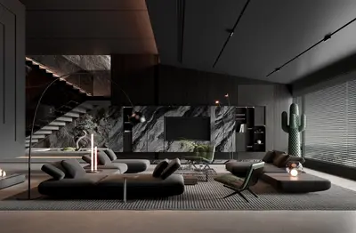 Modern Minimalist Villa Living Room with Dark Marble Accent Wall 3d model