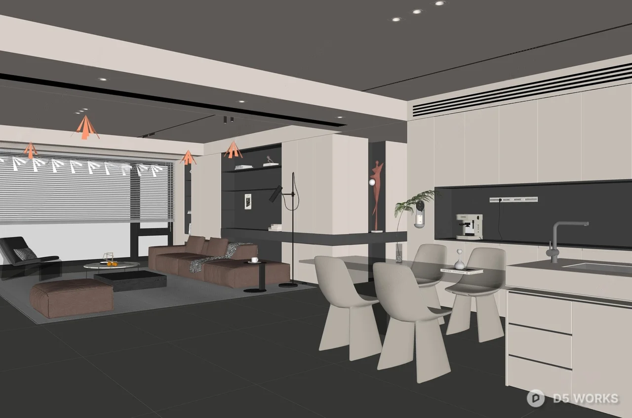 Minimalist Open-Plan Living Dining Space 3d model thumbnail 2
