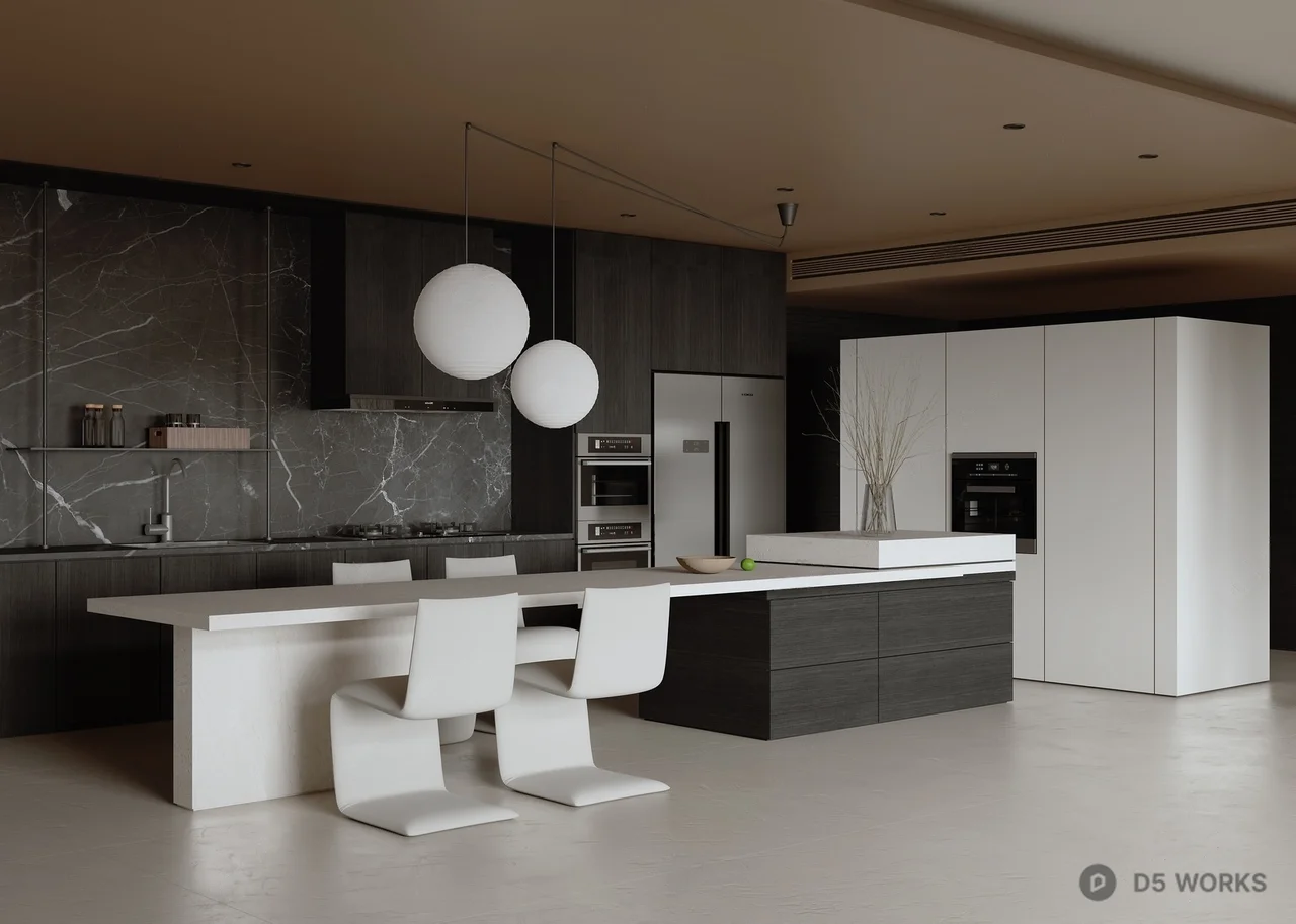 Minimalist Open Kitchen With Island And Pendant Lighting 3d model - Image 1